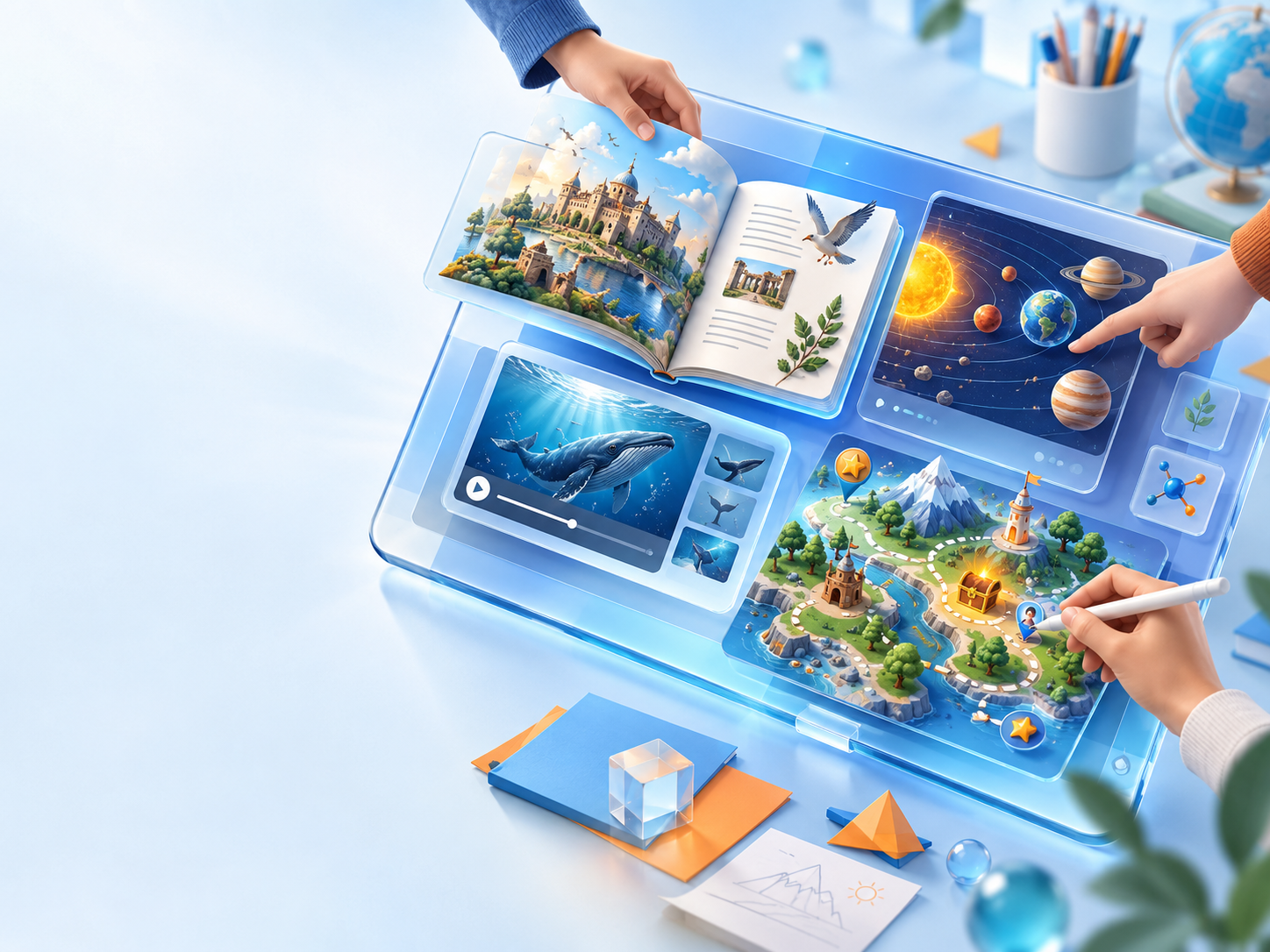 Illustration of digital books, interactive games, videos and simulations